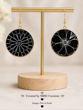 #554 HAND CRAFTED Earrings handcrafted handmade Resin White Black Floral